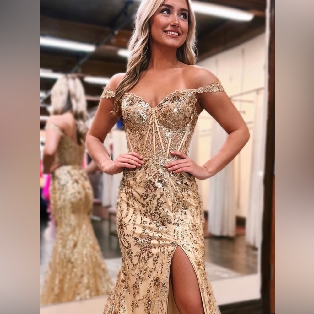 Sherri Hill Gold Sequin Off-Shoulder Gown
